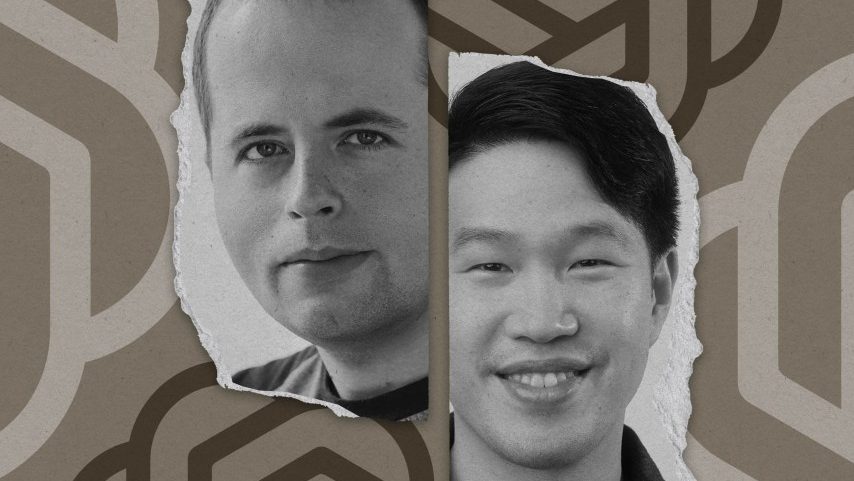 Uma ilustração fotográfica mostra dois cientistas da Open AI. (Foto: MITTR | Fotos cortesia da Open AI)