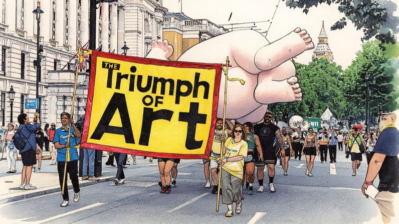 O desfile Triumph of Art avança em direção à Trafalgar Square, com um inflável que se assemelha a uma figura de uma pintura de Beryl Cook na frente. (Foto: David Owens)