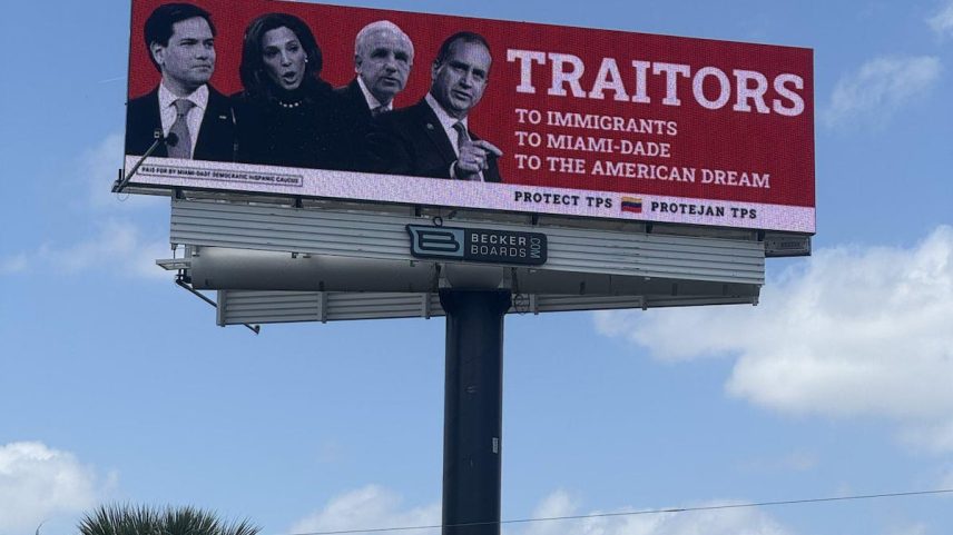 Uma valla publicitária com os rostros do secretário de Estado Marco Rubio e os congressistas María Elvira Salazar, Carlos Giménez e Mario Díaz-Balart. (Foto: Caucus Hispano Demócrata do Condado Miami-Dade)