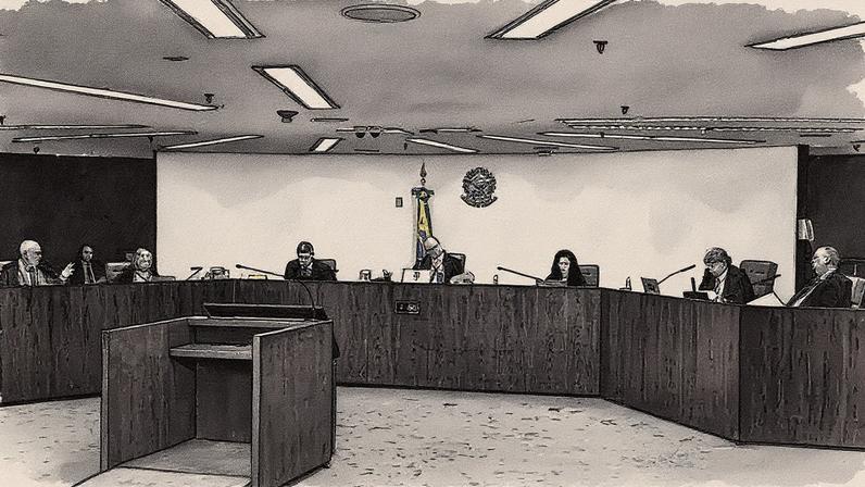 Presidente da Primeira Turma, Cristiano Zanin, ao centro; ministros Moraes e Cármen Lúcia à esquerda, e Dino e Fux à direita (Foto: Reprodução)