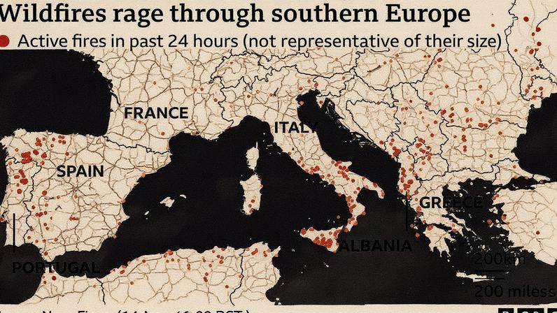 Mapa do sul da Europa mostrando incêndios florestais ativos. Pontos vermelhos marcam locais de incêndio nas últimas 24 horas – com alguns em quase todos os países do sul da Europa e do norte da África. Eles estão particularmente concentrados no norte de Portugal e no noroeste da Espanha, no sul da Itália, incluindo a Sicília, e na Albânia. (Foto: Nasa Firms)