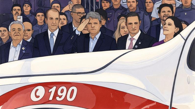 Governador Tarcísio de Freitas (centro, batendo continência), entre o prefeito de Sorocaba, Rodrigo Manga (esq.), e o secretário de Segurança Pública, Guilherme Derrite (dir.), durante inauguração de batalhão de polícia em Sorocaba (Foto: Eduardo Knapp - 15.ago.2025/Folhapress)