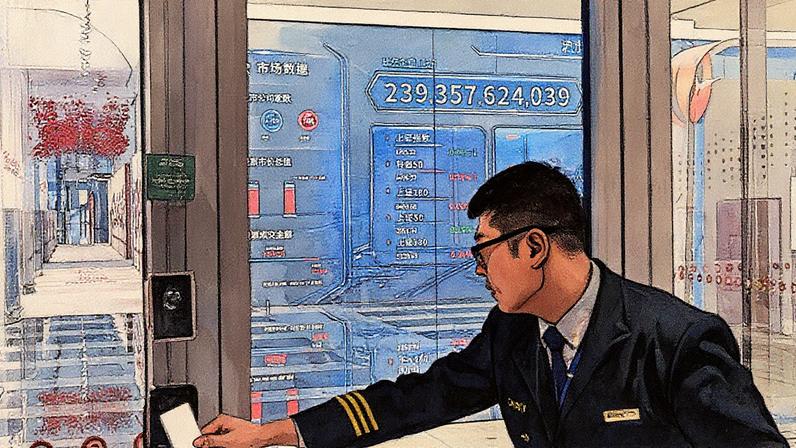 Um guarda abre uma porta em frente a uma tela que mostra os movimentos do mercado financeiro no novo edifício da Bolsa de Valores de Xangai, na China, em 25 de abril de 2025. (Foto: Hector Retamal | Afp | Getty Images)