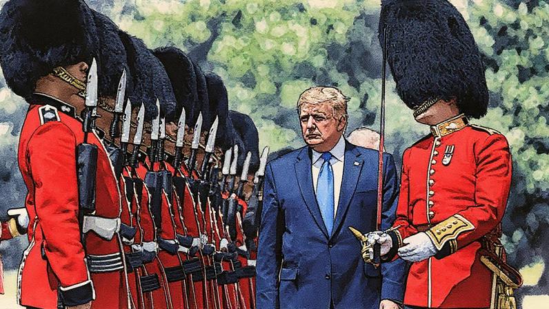 Presidente dos EUA, Donald Trump, inspeciona uma guarda de honra durante cerimônia de boas-vindas no Palácio de Buckingham, em Londres (Foto: Reprodução)