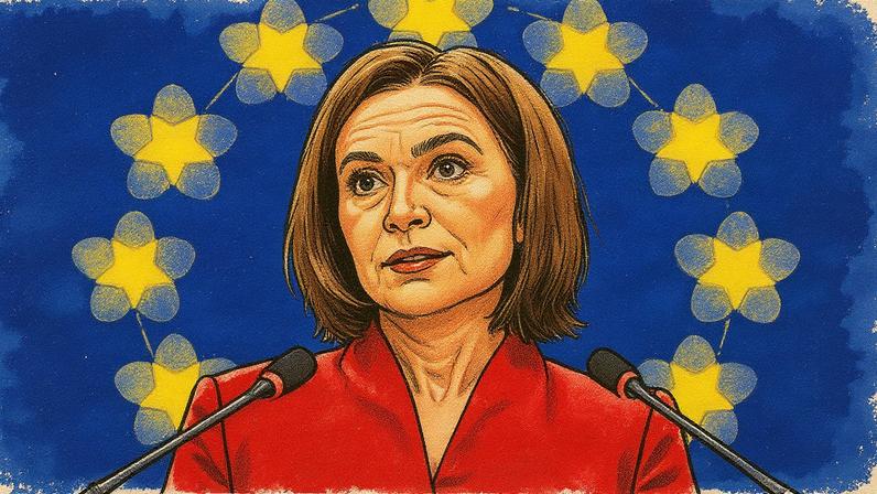 Woman stands in front of the European Union flag.