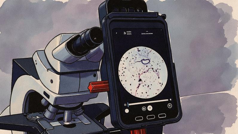 Um celular acoplado a um microscópio com tecnologia MultiplexAI detecta o parasita da filariose em uma amostra analisada (Foto: Reprodução)