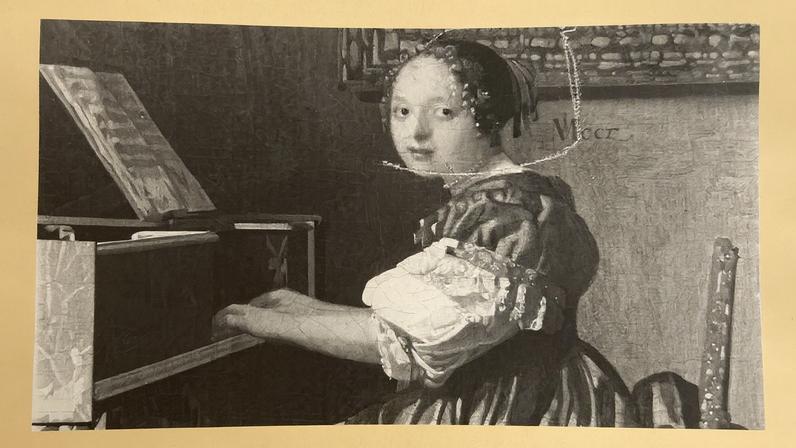 Imagem de uma pintura de Vermeer, "Young Woman Seated at a Virginal", que foi severamente danificada por um ato de vandalismo em 1968 (Foto: Reprodução)