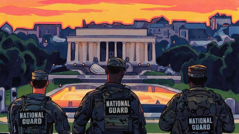 Membros da Guarda Nacional estão posicionados próximos ao Monumento a Washington, com o Memorial Lincoln visível ao fundo, em Washington, D.C. (Foto: Reprodução)