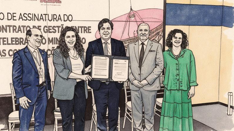 Ministro das Comunicações assina contrato de gestão com a Telebras, acompanhado por outros participantes (Foto: Reprodução)