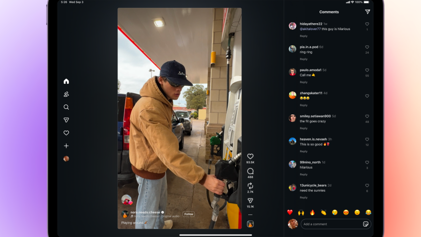 Instagram app on the iPad, with a full size Reels video and comments next to it.