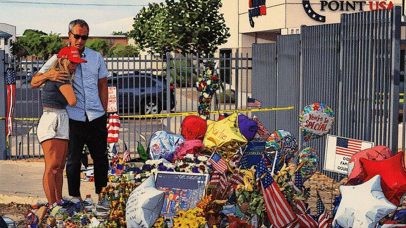 Pai e filha prestam homenagem em memorial na sede da Turning Point USA, em Phoenix, Arizona (Foto: Reprodução)