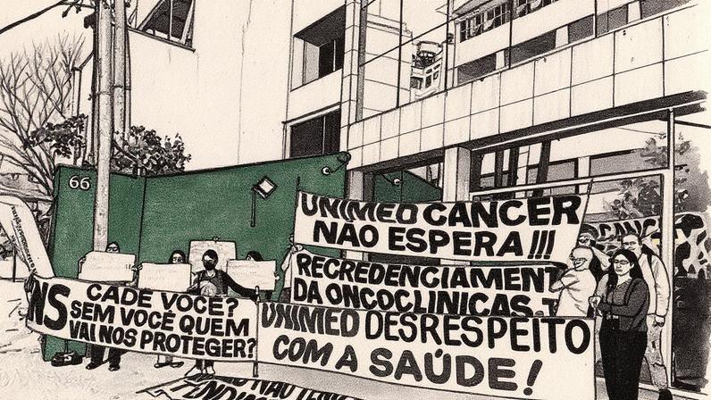 Pacientes oncológicos se manifestam em frente a uma unidade da Unimed (Foto: Reprodução)