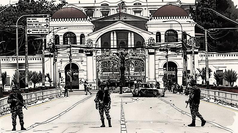Militares do Exército nepalês patrulham em frente ao palácio Singha Durbar, que abriga os edifícios do Governo e do Parlamento em Katmandú, após vandalismo ocorrido no dia anterior (Foto: Reprodução)