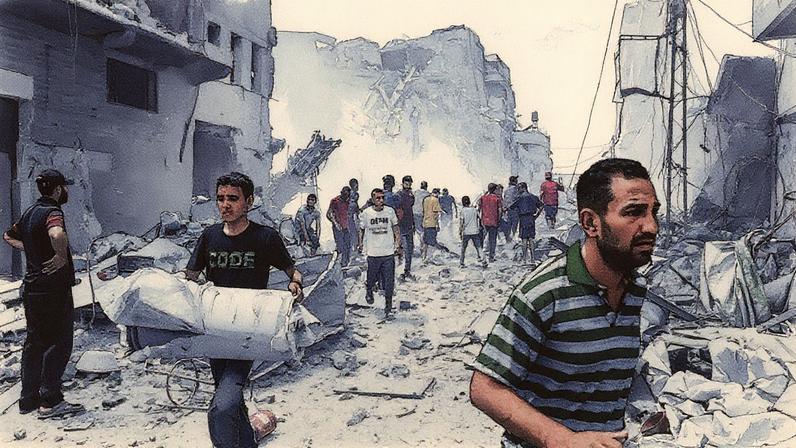 Palestinos inspecionam escombros de um prédio atingido por bombardeio na Cidade de Gaza (Foto: Reprodução)