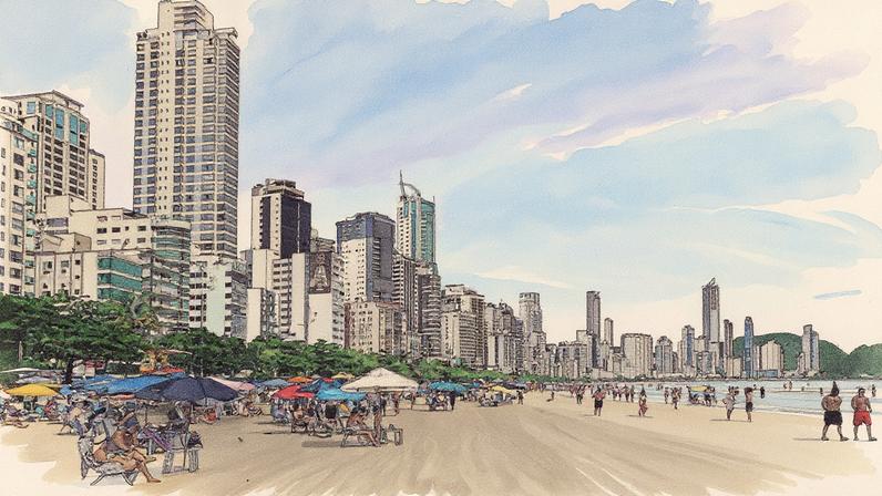 Praia Central com a Barra Norte ao fundo em Balneário Camboriú, Santa Catarina (Foto: Reprodução)