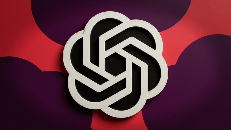 OpenAI’s logo on a pink and purple background.