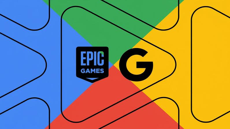 Illustration of the Epic Games logo and Google logo inside of a Google Play logo.