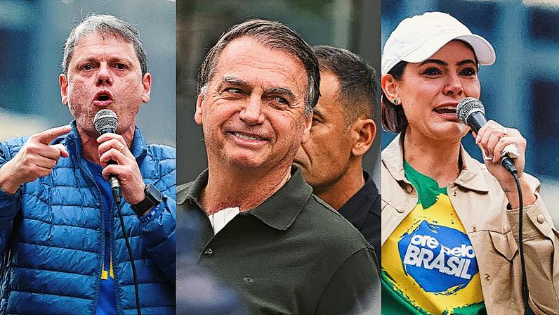 Paraná Pesquisas mostra que Jair Bolsonaro ainda é o candidato mais forte contra Lula, mas demonstra empate técnico entre o petista e Tarcísio de Freitas, bem como na simulação envolvendo Michelle Bolsonaro. (Foto: Sebastião Moreira/EFE; André Borges/EFE; Sebastião Moreira/EFE; )