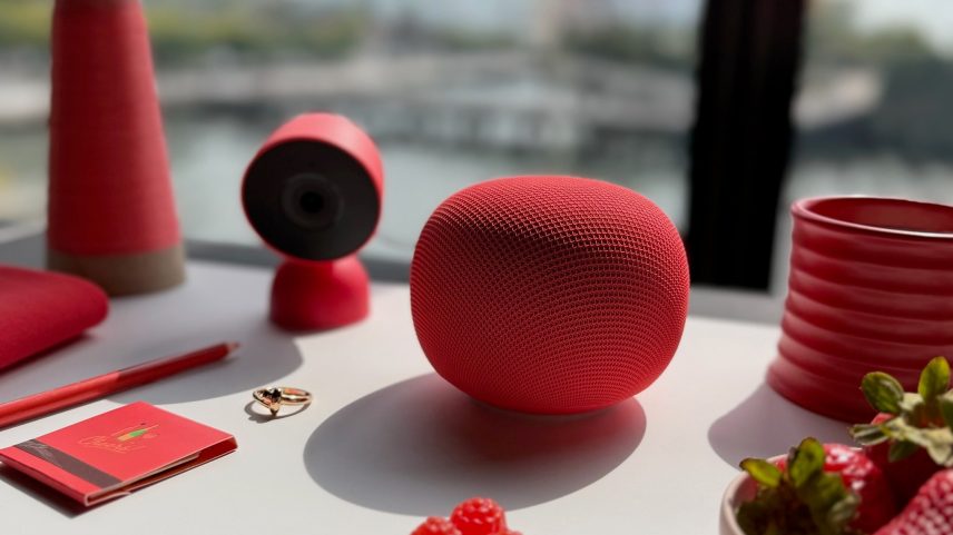 The Google Home Speaker comes in four shades, including this bright berry red, which matches Google’s new Nest Cam.