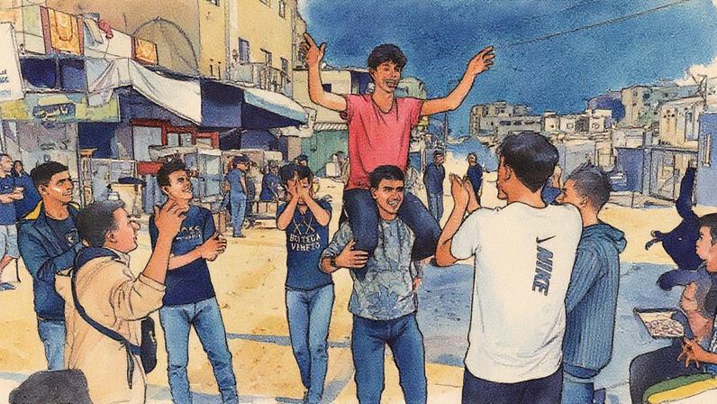 Palestinos celebran en las calles de Khan Younis, en el sur de Gaza, el anuncio del acuerdo entre Israel y Hamás. Foto tomada de un video el 9 de octubre de 2025. Video obtenido de REUTERS.