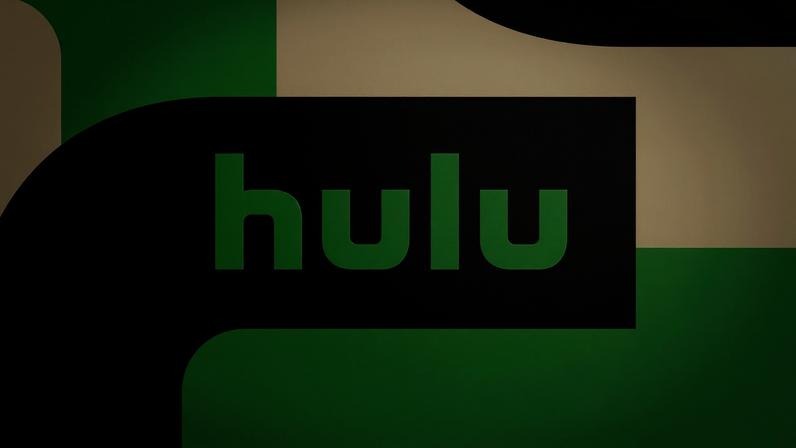 The green Hulu logo set against a background of shapes colored green, cream, and black.