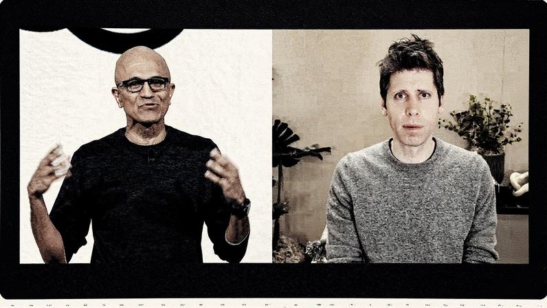 Microsoft Chairman and Chief Executive Officer Satya Nadella (L), speaks with OpenAI Chief Executive Officer Sam Altman, who joined by video during the Microsoft Build 2025 conference.