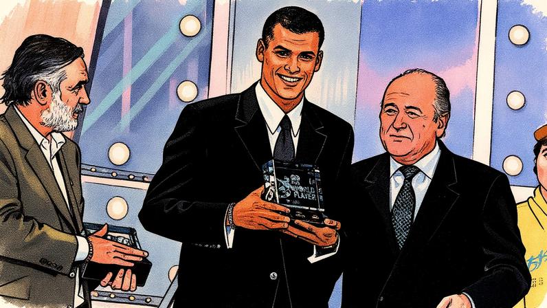 Rivaldo recebe o Prêmio Fifa de melhor jogador do Mundo de 1999 — Foto: Tony Marshall/EMPICS via Getty Images