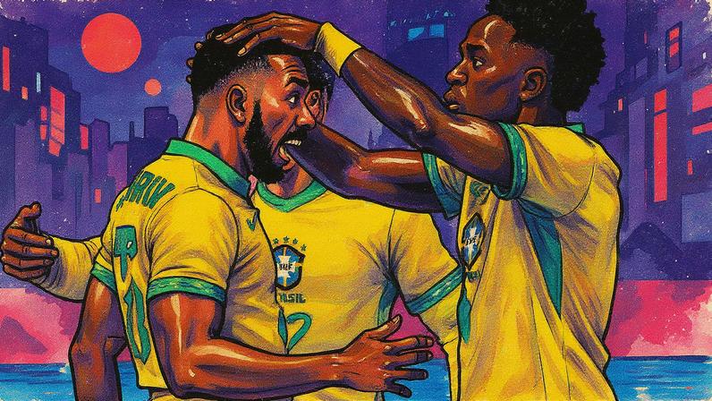 Paulo Henrique e Vini Júnior comemoram gol da Seleção (Foto: Yuichi Yamazaki/AFP)
