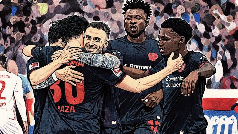 Bayer Leverkusen a celebrar um dos seis golos marcados ao Heidenheim - Foto: IMAGO