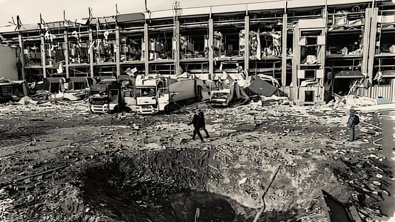 Police officers walk near a crater in front of a Novus logistics center damaged after a Russian strike on Kyiv, Ukraine, on 25 November 2025. Photograph: Evgeniy Maloletka/AP