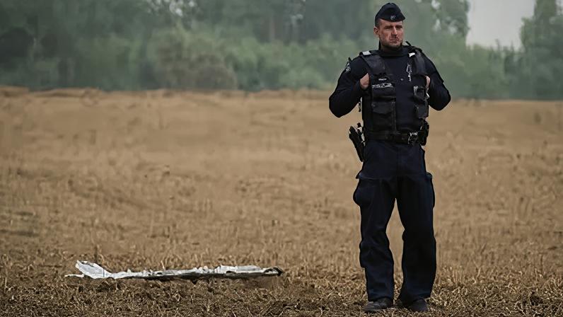 Un agente de policía polaco, de pie cerca del fragmento de un dron, en Czesniki, Voivodato de Lublin, en Polonia, el 10 de septiembre. POLSAT NEWS (POLSAT NEWS via REUTERS)