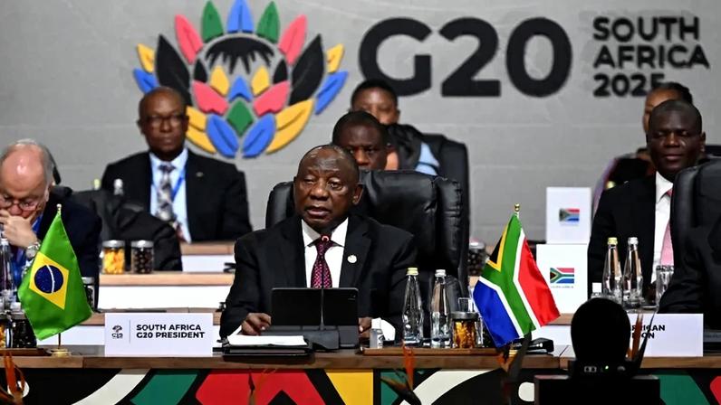 South African President Cyril Ramaphosa addresses the opening plenary session of the G-20 leaders’ summit.