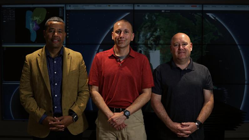 The 2025-26 MIT Supply Chain Management Military Fellows are (left to right) Charles Greene from the Active Army, Lukas Toth from the Army Reserve, and Duston Mullen from the South Dakota Army National Guard.