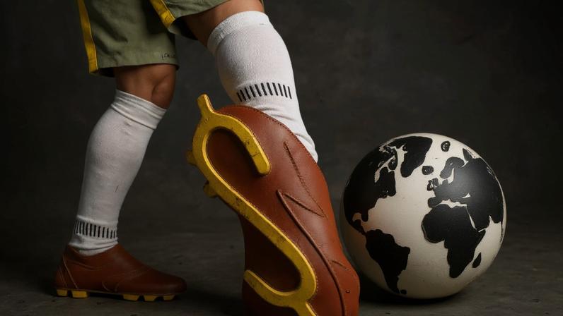A drawn illustration of a soccer player with a US dollar sign on the bottom of their show about to kick a globe like a soccer ball.