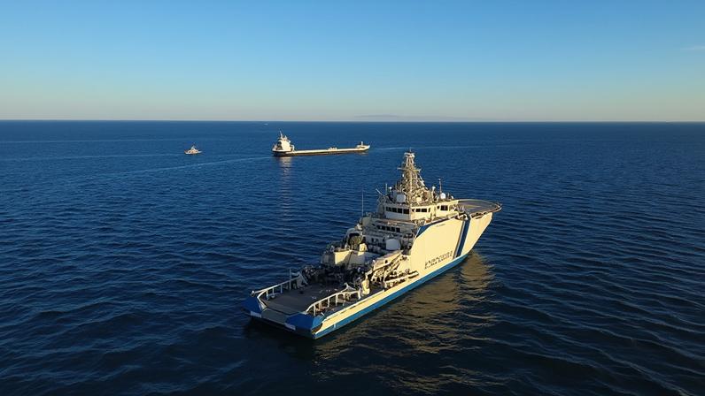 A Finnish coastguard vessel intercepts the ship suspected of damaging the underwater cable in the Baltic Sea on Wednesday.