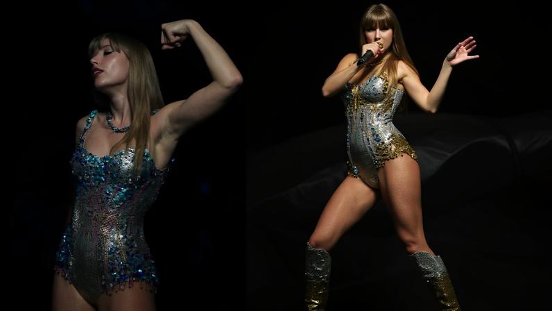 Taylor Swift strikes a power pose onstage wearing her crystal-studded Versace bodysuit. Getty Images for TAS Rights Management