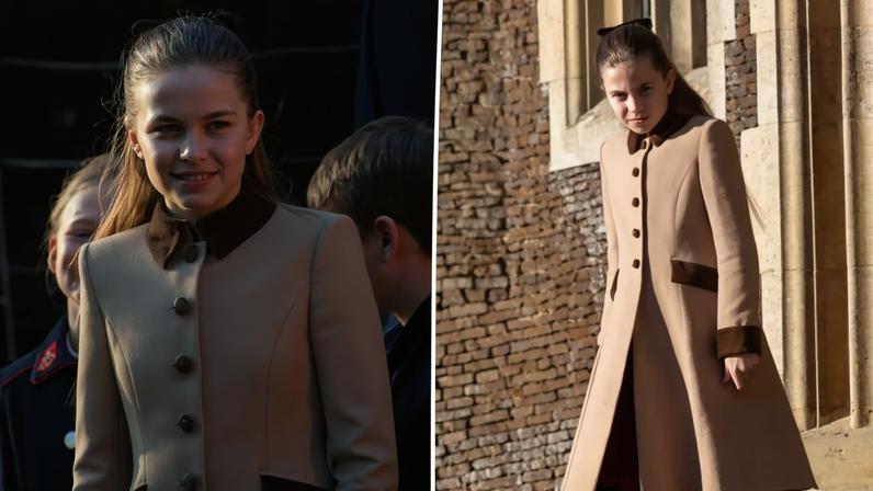 Princess Charlotte wore a new but familiar-looking brown-and-tan coat for her family’s Christmas walkabout at Sandringham.