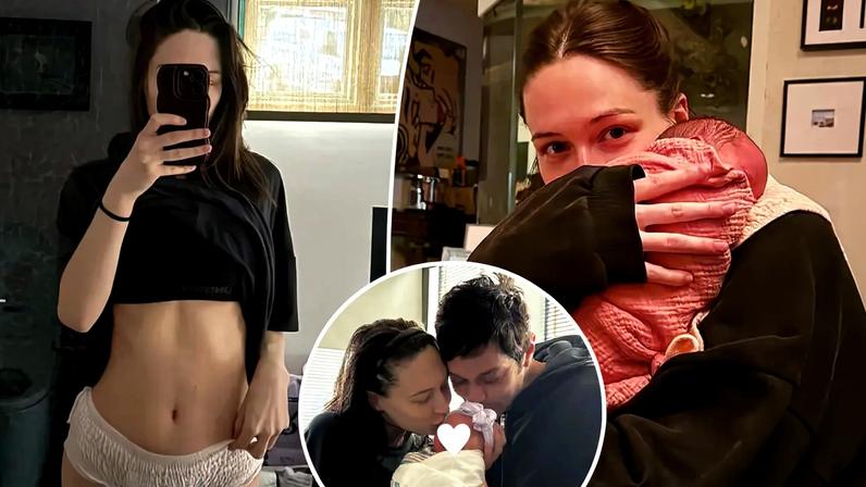 Elsie Hewitt in postpartum adult diapers, with arrows pointing to a peri bottle and ice pack pads.