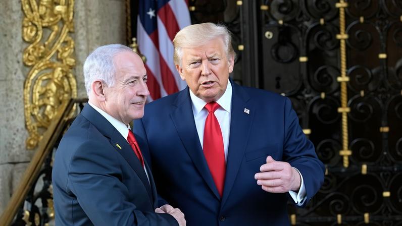 Israel’s prime minister, Benjamin Netanyahu, who is under trial in Israel on corruption charges, with the US president, Donald Trump, in Florida on Monday.