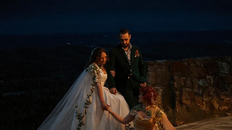 ‘Your favorite throuple got hitched,’ Margaret French says in an Instagram caption. She is pictured with her wife, Janie Coppola, and husband, Cody.
