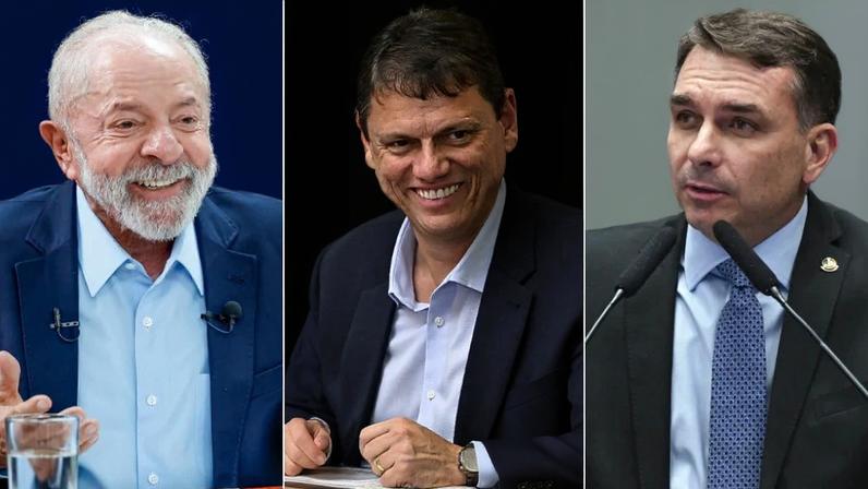 Lula, Tarcísio e Flávio Bolsonaro. Fotos: Ricardo Stuckert / PR; Bruno de Lima / Governo de São Paulo; e Carlos Moura/Agência Senado