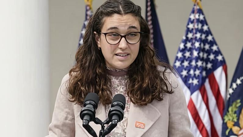 Mia Tretta, a survivor of the Saugus high school shooting in Santa Clarita, California, speaking in the Rose Garden of the White House in Washington in 2022. Photograph: Carolyn Kaster/AP