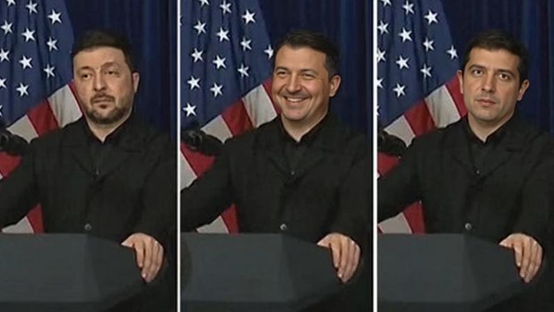 Volodymyr Zelenskyy appeared to smile and raise an eyebrow as Trump spoke