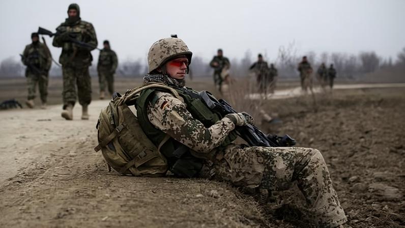 Members of the Afghan army walk past a German soldier during a joint patrol in northern Afghanistan in 2011.