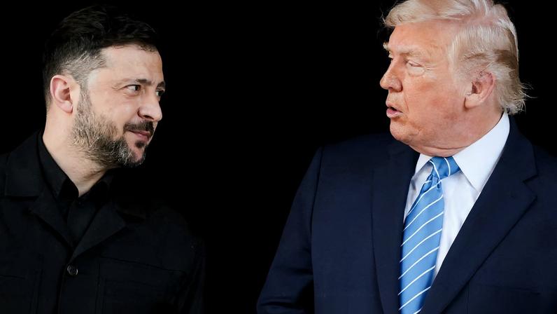 Ukrainian President Volodymyr Zelenskiy looks at U.S. President Donald Trump upon his arrival for meetings at Trump's Mar-a-Lago club in Palm Beach, Florida, U.S., December 28, 2025. REUTERS/Jonathan Ernst