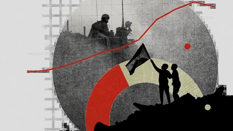 A computer-edited graphic shows two people standing on top of a mound of debris, one of them waving in a flag. In the background, a soldier in combat fatigues perches on top of a tank.