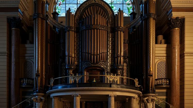 Fotografia do órgão de tubos sob arco decorativo e vitral no Grande Salão de St Georges Hall, Merseyside, Reino Unido