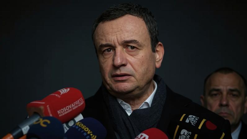 Kosovo's prime minister, Albin Kurti. speaks to the media after voting in the parliamentary election on Sunday.