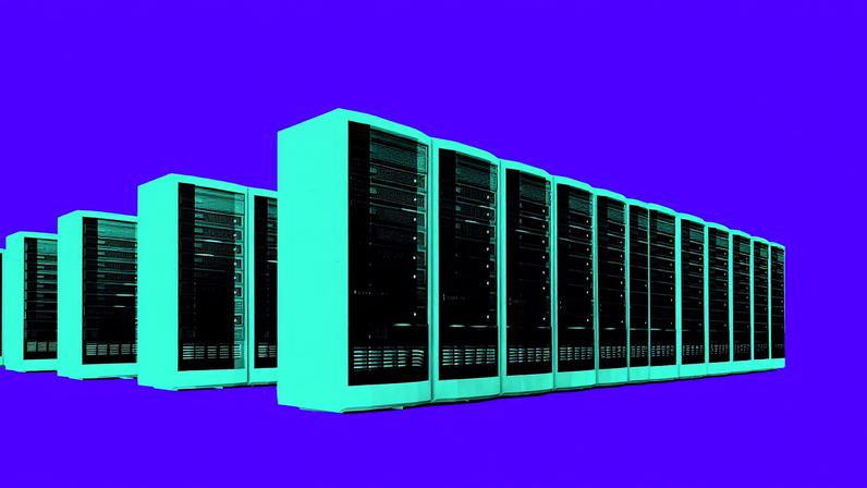 Server racks on a dark brown background.