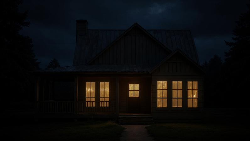 Smart home with glowing blue windows.